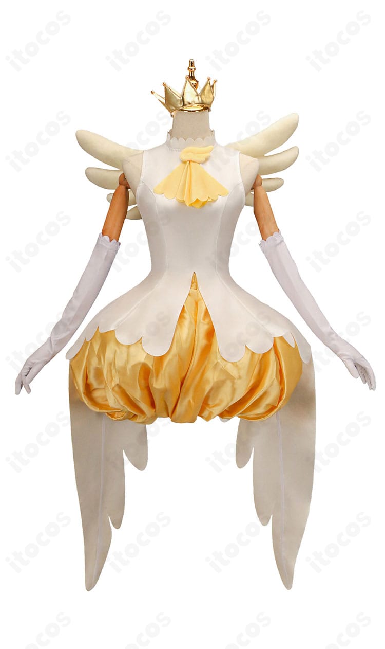 商品正面画像。木之本桜の白×黄色バトルコスチュームのトップスとショートパンツ、リボン配置が見える