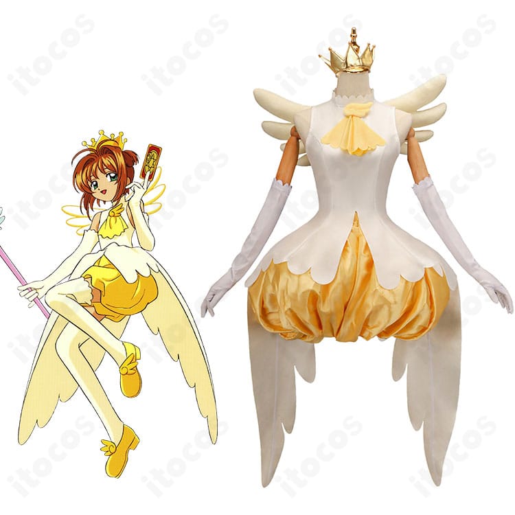 商品正面と木之本桜を並置した画像。カードキャプターさくらの白×黄色バトルコスチューム全体と配色の再現度が分かる構図