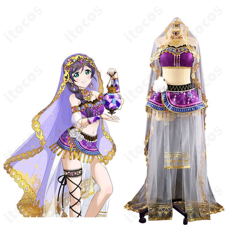 ラブライブ！東條希 踊り子編コスプレ衣装を着用した正面全身。ベールと装飾を含むセット内容が分かる画像。