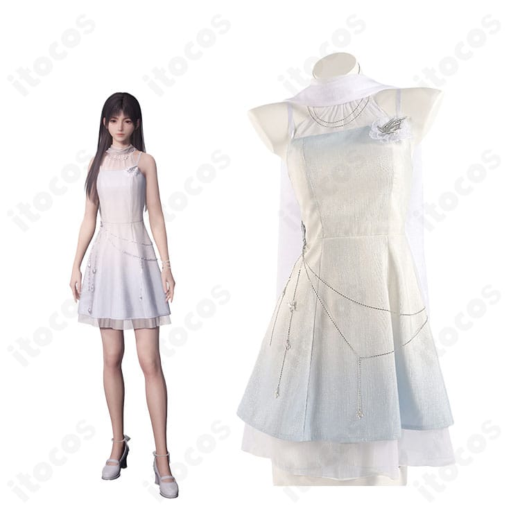 恋と深空 流れる雲の公式イメージと衣装正面を並べた写真。ワンピースとマフラーの全体バランスが分かる構図