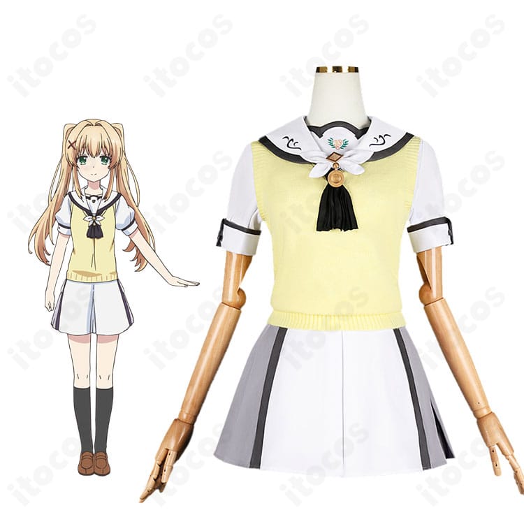 紬ヴェンダースの公式ビジュアルと衣装正面を並べた画像。Summer Pocketsの制服コスプレ全体シルエットを確認可能。