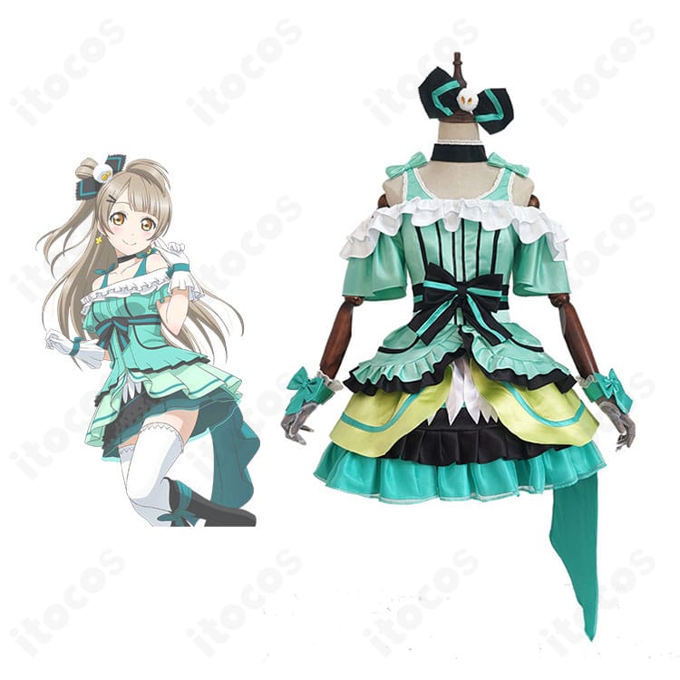 南ことり さくらプリン♪コスプレ衣装の正面とキャラクター比較イメージ。配色と装飾を高再現した全身ビュー。