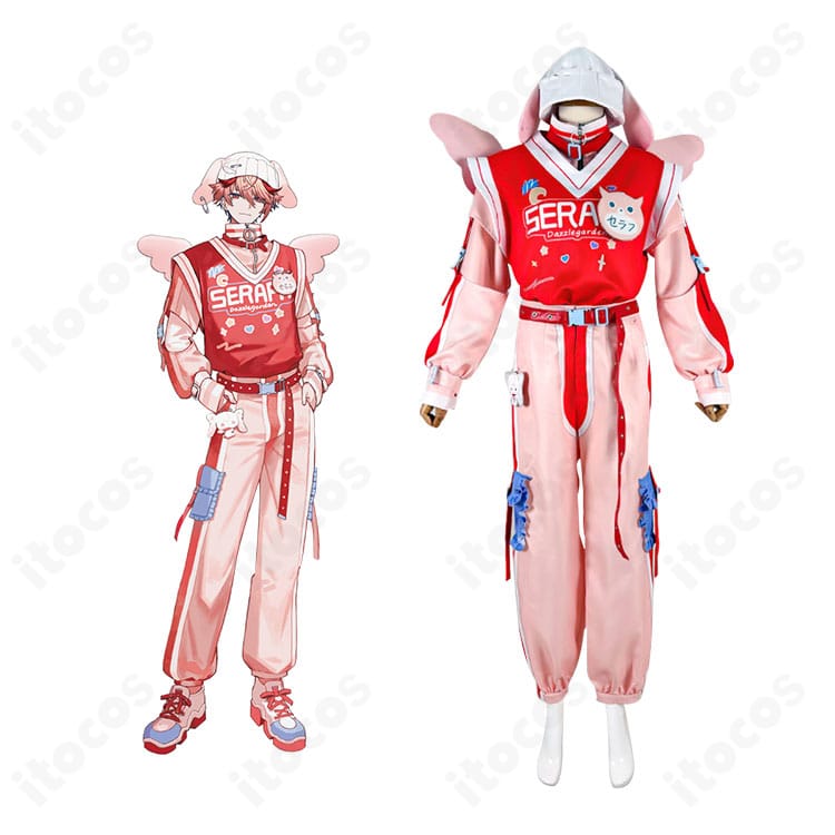 セラフ・ダズルガーデンの正面コスプレ一式とキャラクターイメージ。翼と帽子まで高再現でエレガントな魅力を表現。