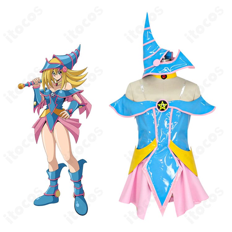 ブラック・マジシャン・ガールの正面全体がわかるコスプレ衣装画像。高発色の配色と帽子を含むフルセット再現。