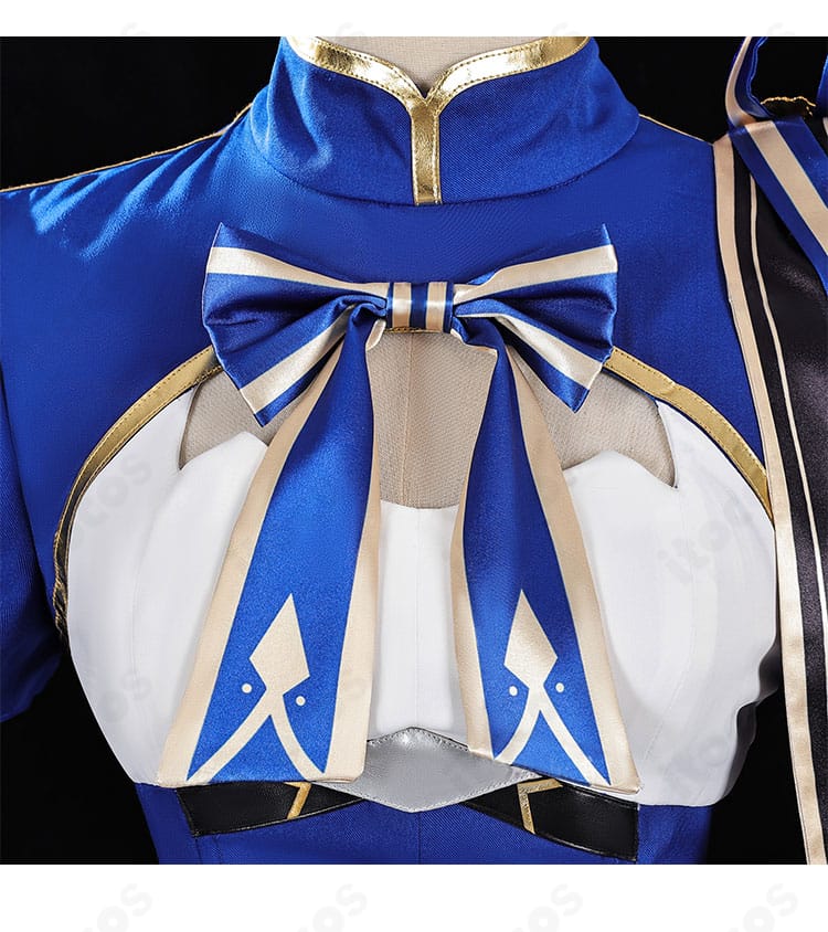 崩壊：スターレイル 風・壊滅モチーフ コスプレ衣装の胸元の蝶結びディテール。結び目と質感が伝わる接写。