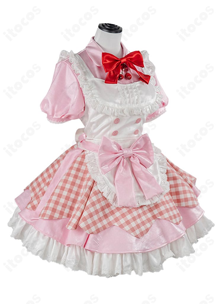 クラスト コスプレ衣装の側面スタイル。ウエストラインとスカートのフレア感、エプロンの見え方を示す画像