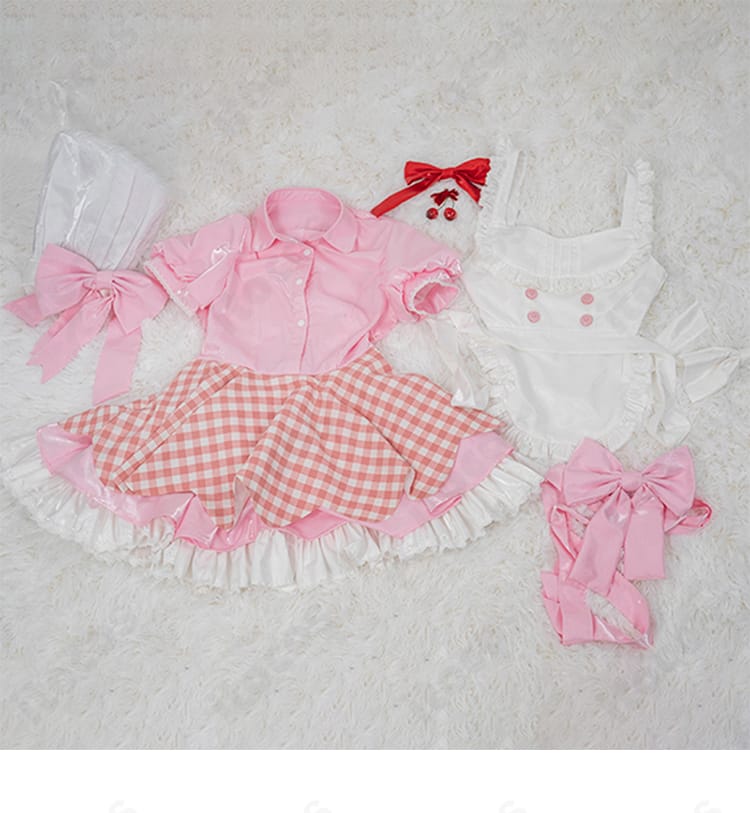 クラスト コスプレ衣装セット内容一式（ワンピース、エプロン、帽子、腰蝶結び、胸元蝶結び、靴下）のレイアウト画像