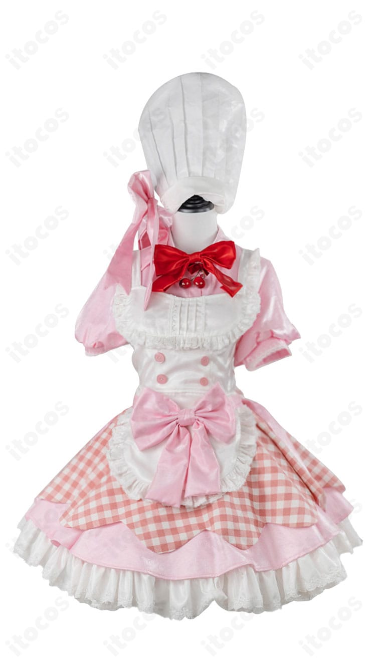 勝利の女神：NIKKE クラスト コスプレ衣装の正面ディテール。ワンピースとエプロン、胸元リボンの配置が分かる画像