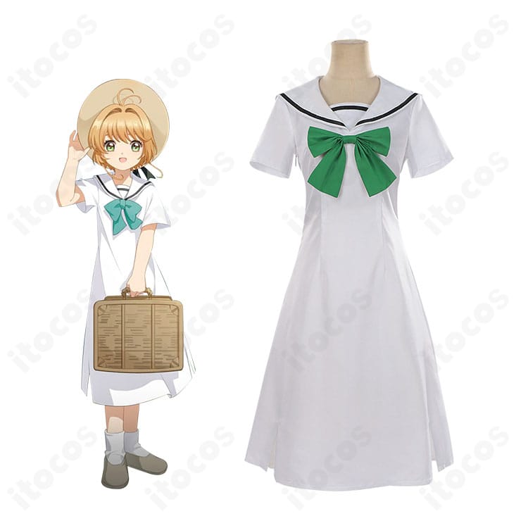 カードキャプターさくら 木之本桜 私服コスプレの正面全身とキャラクター合成。刺繍やチェーン装飾を含む高再現デザインを説明。