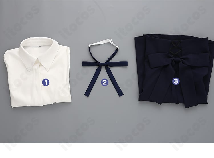 セイバー私服コスのセット内容一式。シャツ・スカート・リボン3点セットのレイアウト画像。