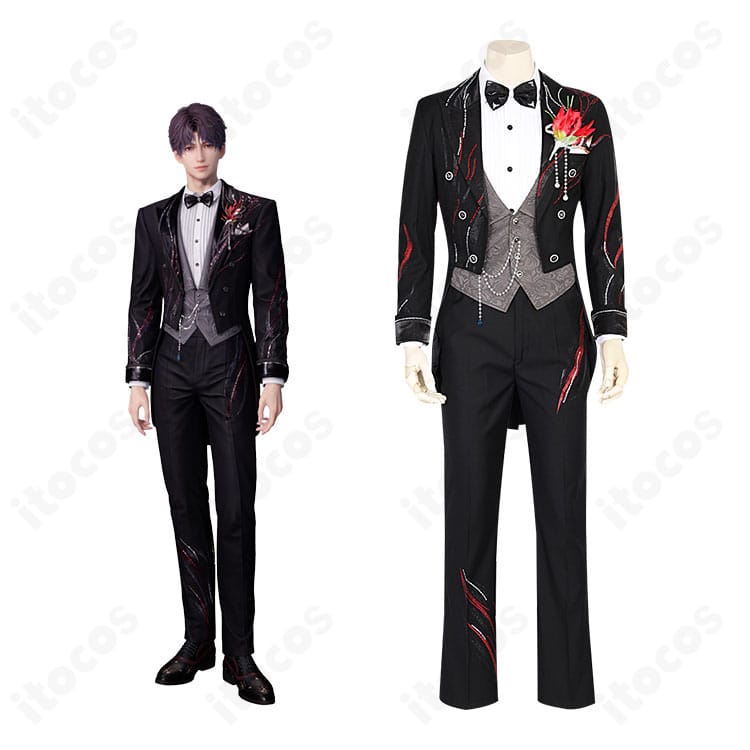 モデル着用の全身イメージ。ブルーアーカイブ 学園制服コート衣装一式（帽子・コート・スカート・腕章・小物）をクールにコーディネート。