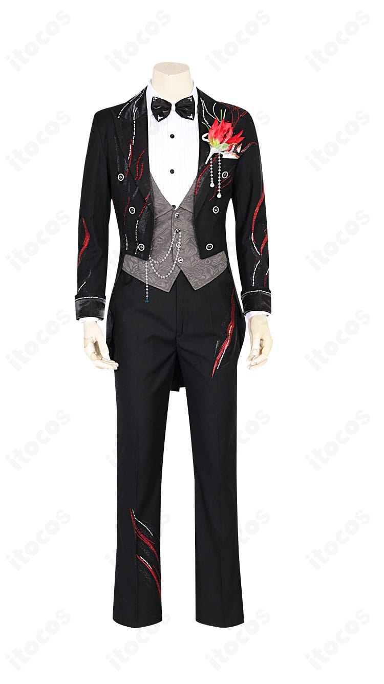 コート・シャツ・スカートの正面ディテール。高コントラスト配色と腕章、ベルト位置がわかる商品正面図。