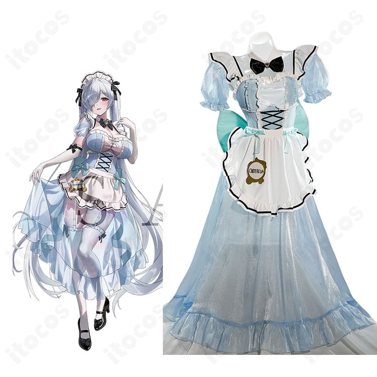 モデルが着用したNIKKE シンデレラのカフェ店員衣装一式を正面から撮影した画像