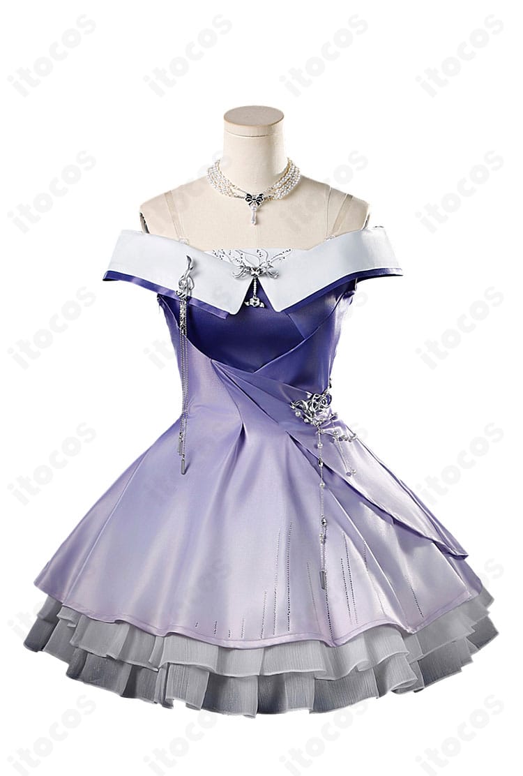 恋と深空 主人公「想い重なる時・巡る銀河」衣装の正面全体。ドレスシルエットと胸飾り・リボンの配置を忠実再現