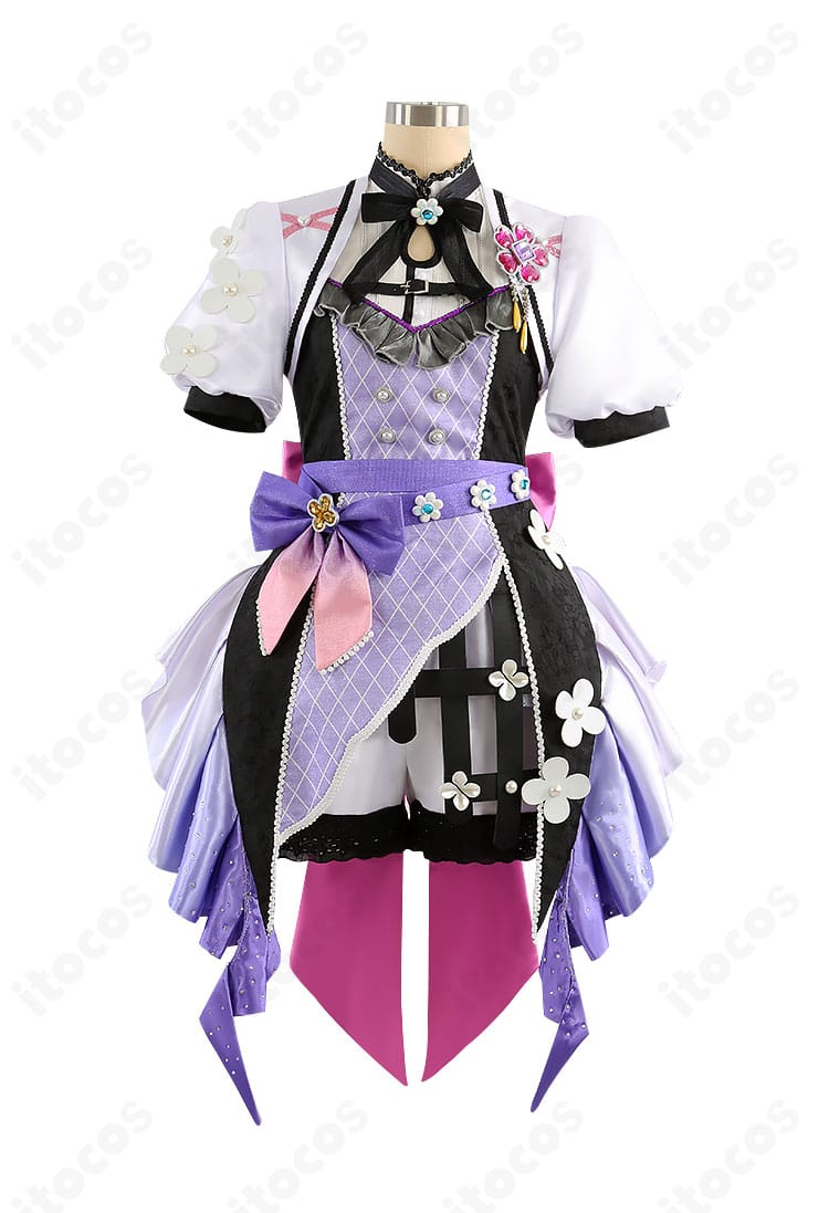 花群冬芽 アメジストドリーム コスプレ衣装の正面全体図。ワンピースと胸飾り、腰飾りの配置が確認できる画像。