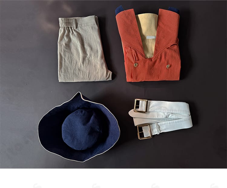 ドクターストーン 七海龍水 コスプレ衣装のセット一式。トップス・ズボン・帽子・ベルトの内容。