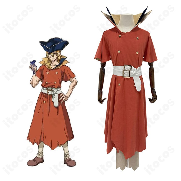 ドクターストーン 七海龍水 龍水編コスプレ衣装の着用イメージ。船長風の帽子と金色装飾を高再現。