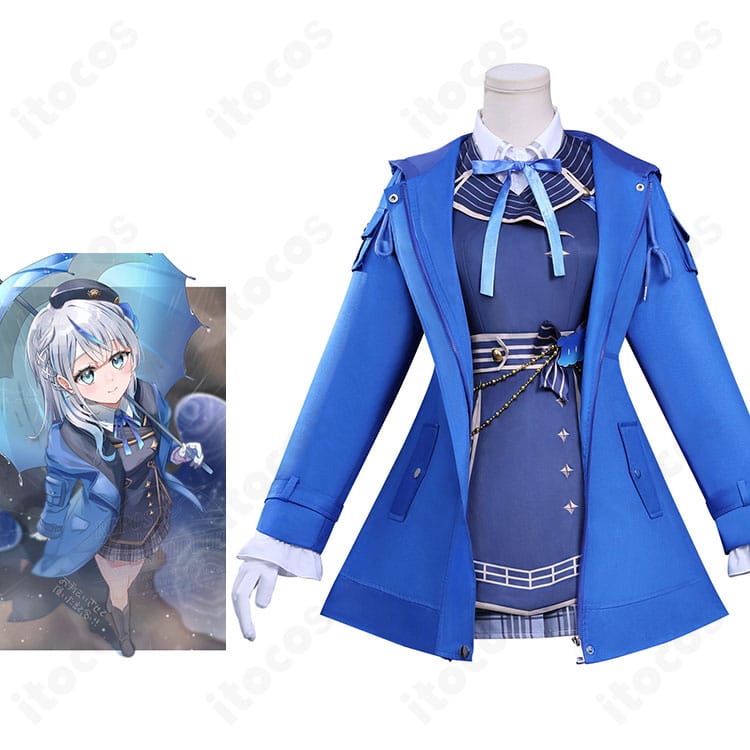 雨海ルカのコスプレ衣装を全身で見せたイメージ。コート×スカートの制服スタイルとアクセサリー構成が分かる写真