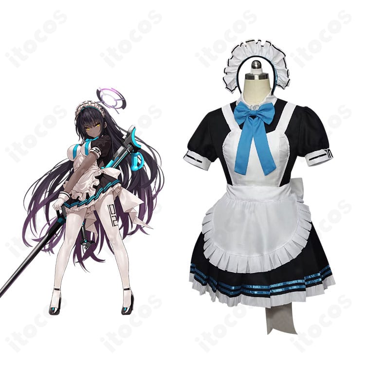 ブルーアーカイブ 角楯カリンのメイド服コスプレを着用したモデルの全身イメージ。高発色生地と上品なフリルが映える高再現仕上げ。
