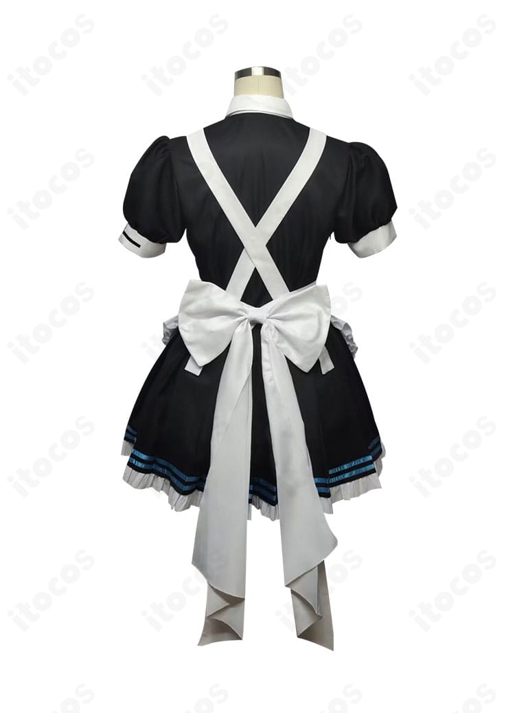 ブルーアーカイブ 角楯カリン メイド服コスプレの背面全体。大きな蝶結びリボンとエプロン帯の立体感、背面ファスナーの収まりが分かる。