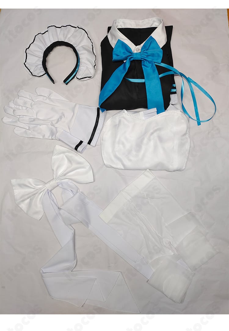 ブルーアーカイブ 角楯カリン メイド服コスプレのフルセット内容。ワンピース、エプロン、カチューシャ、リボン、背部蝶結び、手袋、タイツを並べた構成。