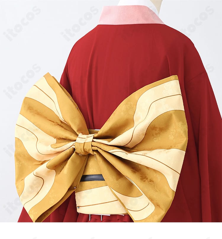 神楽 吉原炎上篇コスプレ衣装の腰封と背面蝶結びのクローズアップ。立体感のあるデザインポイントを強調。