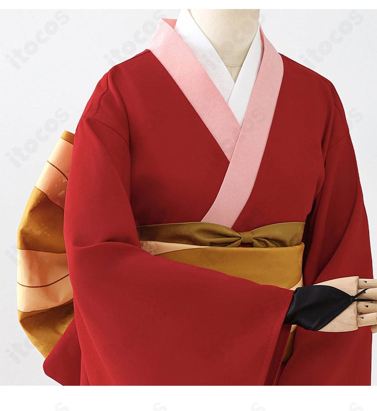 神楽 吉原炎上篇コスプレ衣装の袖アップ。生地の発色とステッチの丁寧さが分かる質感ディテール。