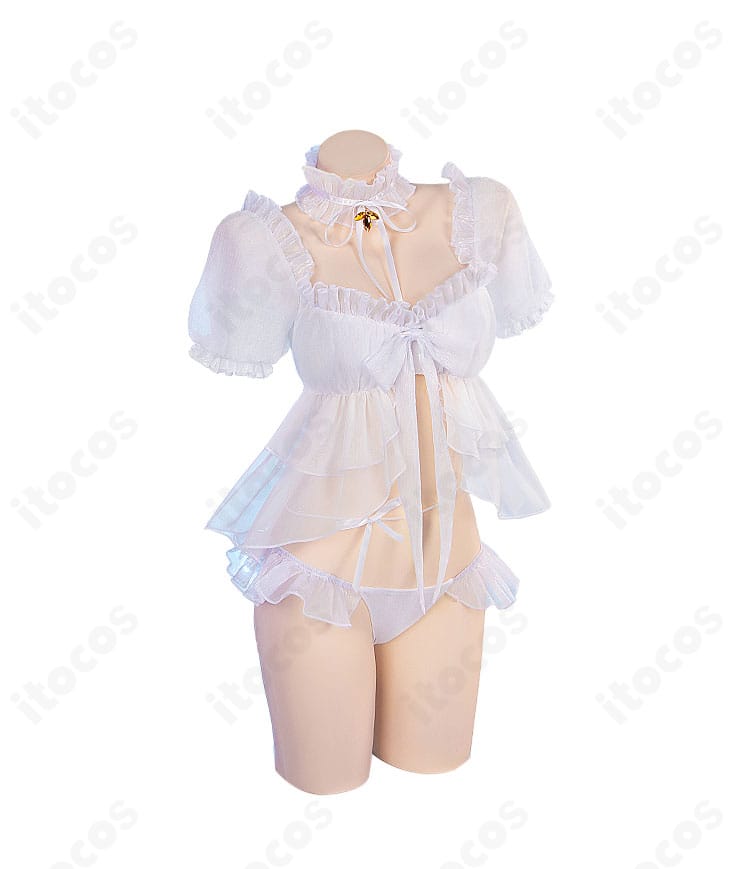 勝利の女神：NIKKE ドロシー セレンディピティ衣装の正面全体。つけ襟と胸元の蝶結び、リボン配置まで忠実に表現