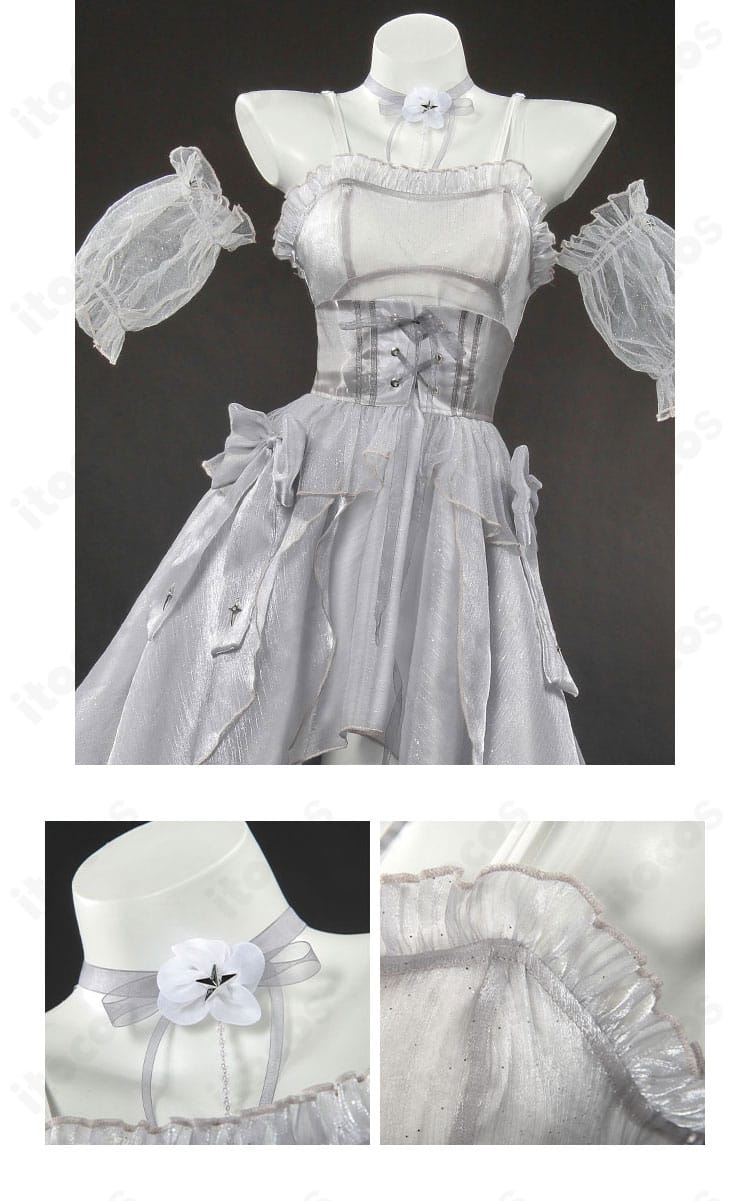 シンデレラ〈ガラスのプリンセス〉コスプレ衣装の襟元と首飾りの接写。装飾配置と質感が伝わるディテール