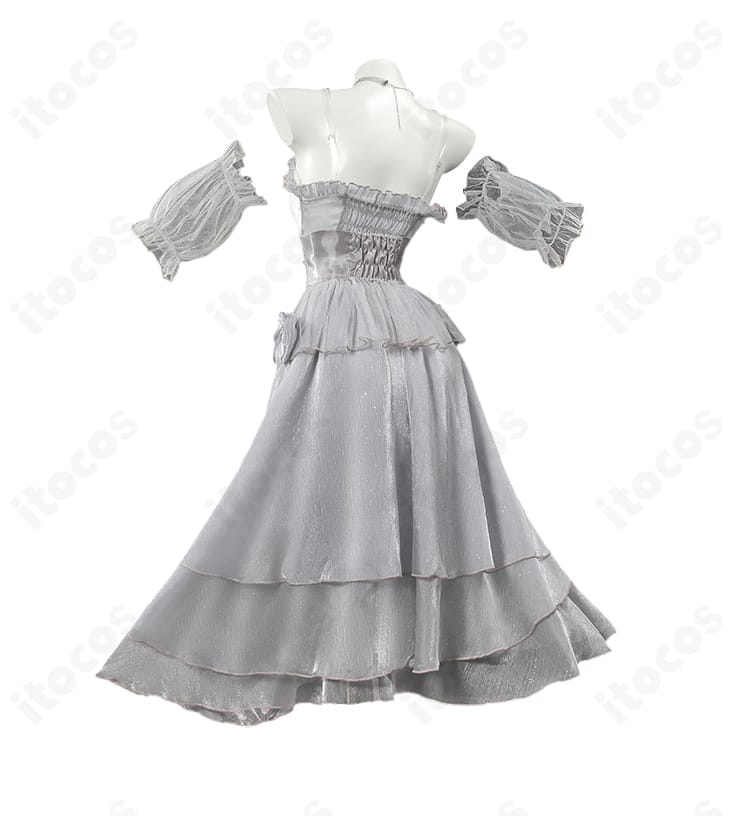 勝利の女神：NIKKE シンデレラ〈ガラスのプリンセス〉コスプレ衣装の背面全体図。大きな背面リボンとドレスの落ち感が分かる画像