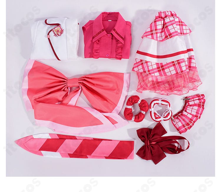 セット内容一式のレイアウト画像。コート、シャツ、スカート、髪飾り、背部蝶結び、腰蝶結び、手首飾り、ネクタイが揃ったフルセット。