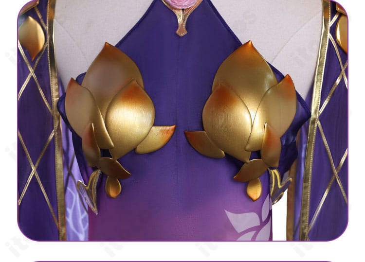 FGO カーマ コスプレ衣装 前身頃装飾のアップ。胸飾りと曲線パターンの縫製がわかる写真