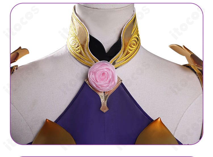 FGO カーマ 第二再臨コスプレ衣装の襟元花飾りディテール。色味と質感の近似を強調