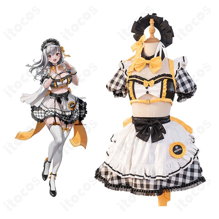 勝利の女神:NIKKE モダニア GALLERYコラボカフェ店員コスプレ衣装の着用イメージ。高発色生地と大きな背面リボンを忠実再現。