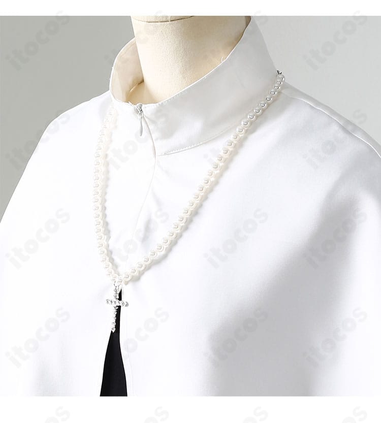 喜多川海夢 コスプレ衣装 ロゼ修道服の白色ストール・披肩ディテール。縁取りと質感のアップ