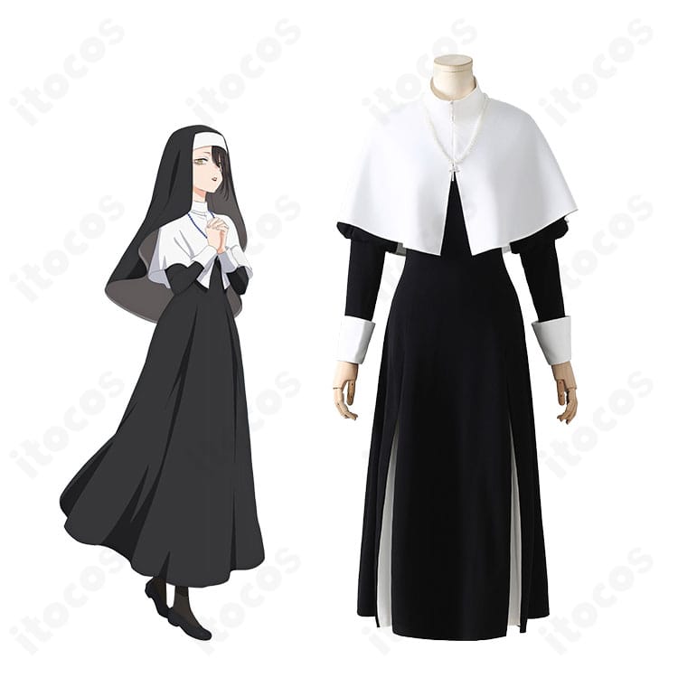 喜多川海夢のロゼ修道服コスプレ衣装を着用したイメージと商品全体図。ウィンプルとストールの重ねがわかる構図