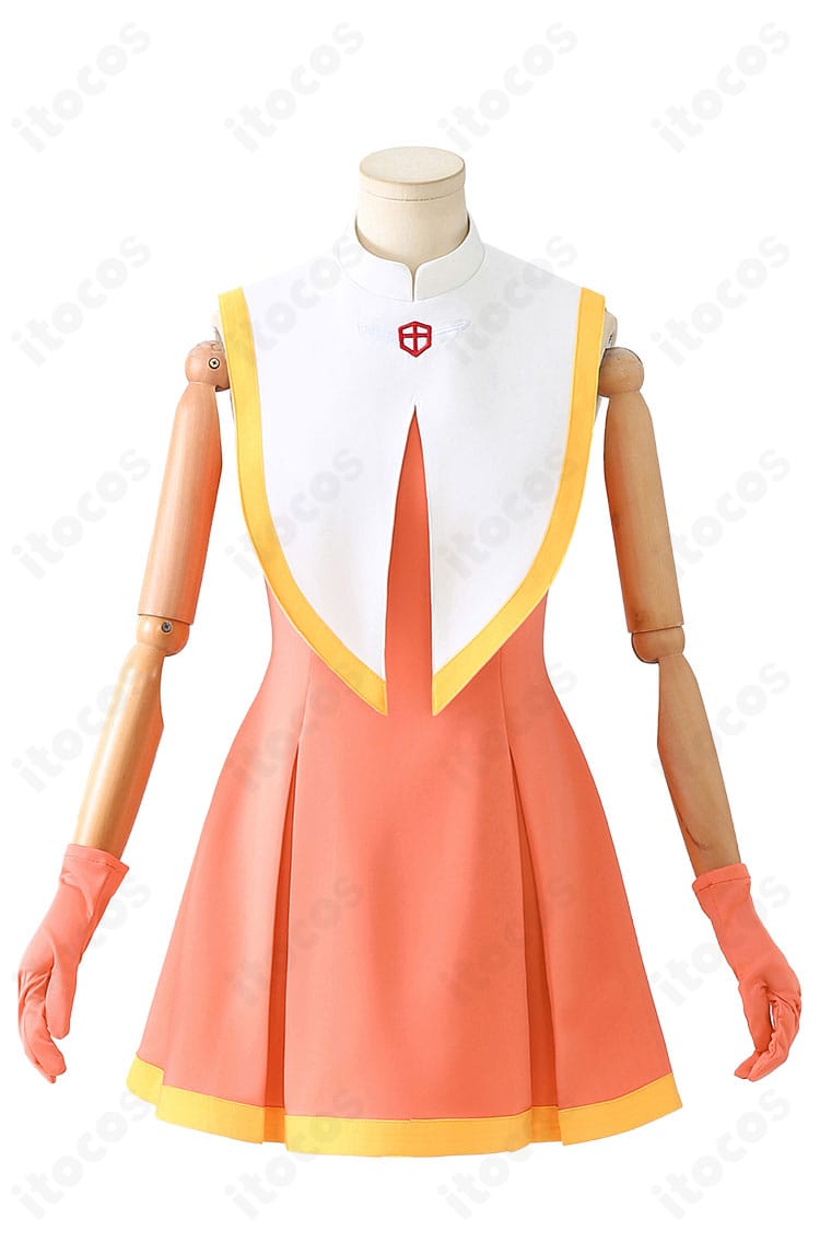 木之本桜 チアリーディング コスプレ衣装の正面全体図。高発色生地とライン配色、つけ襟の形状を確認。