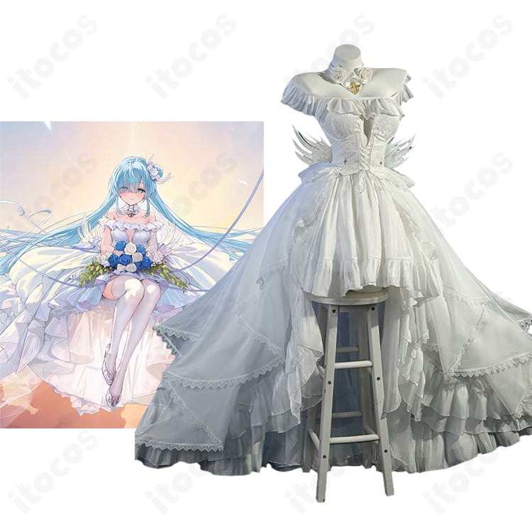 アズールレーン ジェーナス『朝焼けに輝く誓い』のキャラクターとブライダル衣装の展示図。全体の配色と装飾を高再現。