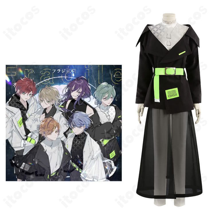 礼瀬マヨイ・風早巽 フラジールver.の着用イメージと衣装全体図｜和装テイストのコートと帯のレイヤードが分かる全景