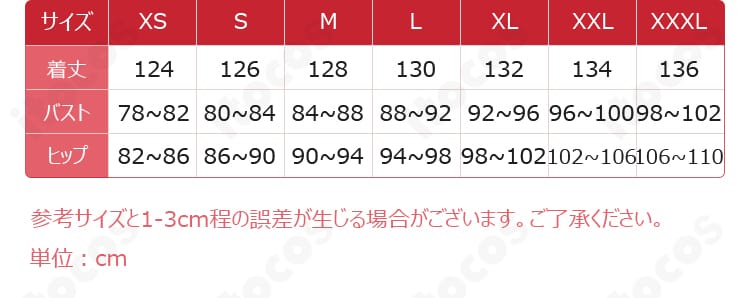 崩壊3rd エリシア コスプレ衣装のサイズ表記図。S〜XXLまでの寸法ガイドを確認できる画像。