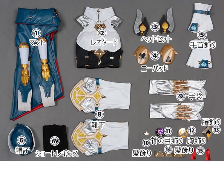 原神 イネファ 女性型ロボットのセット内容展示。マント・レオタードほか主要パーツを一覧で紹介。