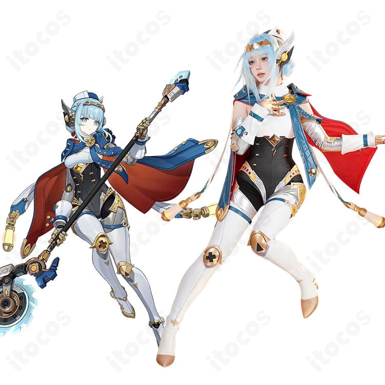 原神 イネファ 女性型ロボットのコスプレ衣装一式とキャラクター着用イメージ。マントと立体装飾が映えるフルセット。