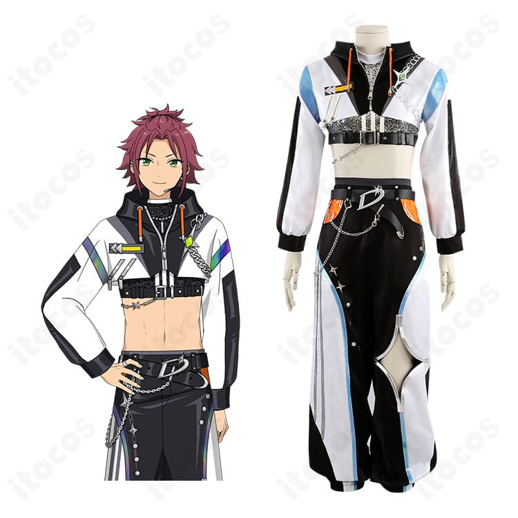 衣更真緒・月永レオ・巴日和・守沢千秋のMODE／D『LOCK YOUR GAZE』衣装を着用した集合イメージ｜ステージ映えの黒基調デザイン