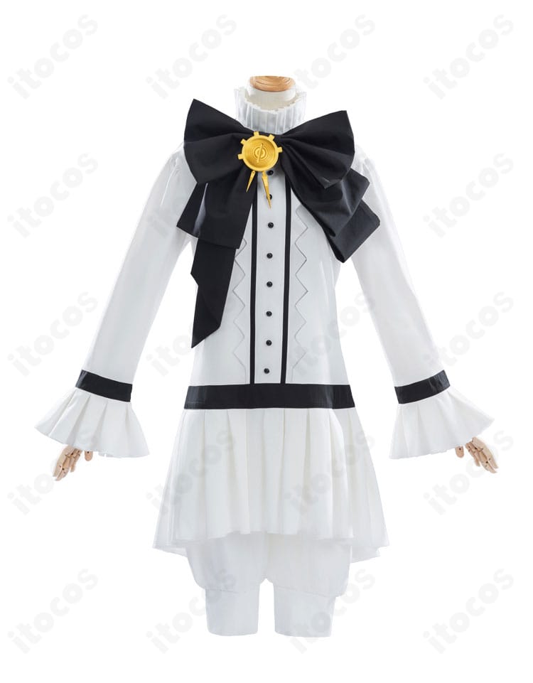 木之本桜「時計の国のアリス」コスプレ衣装の正面全体図。ワンピースと蝶形リボン、襟飾りの配置を忠実に再現