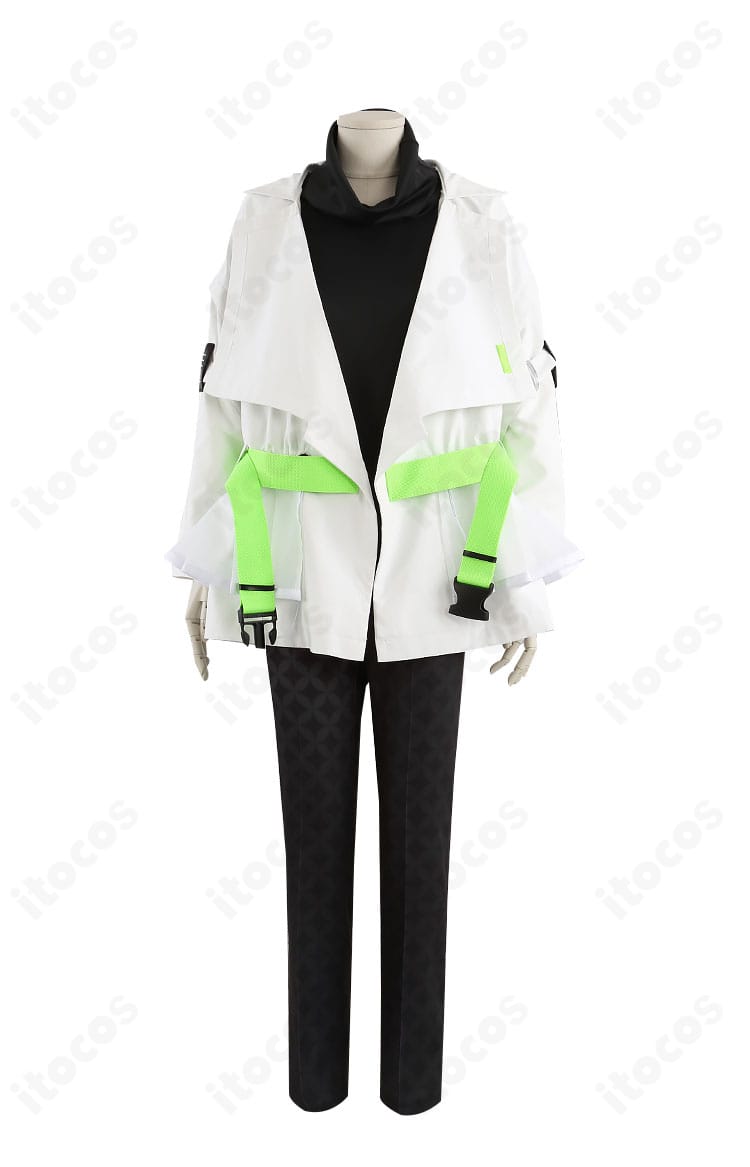 白鳥藍良 フラジール衣装の正面全体写真。コート・Tシャツ・ズボンの3点セット構成