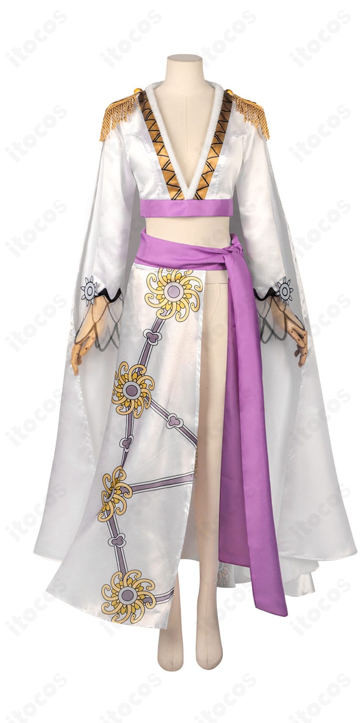 白色ボア・ハンコック コスプレ衣装 正面全体｜トップス・マント・スカートのセットアップ