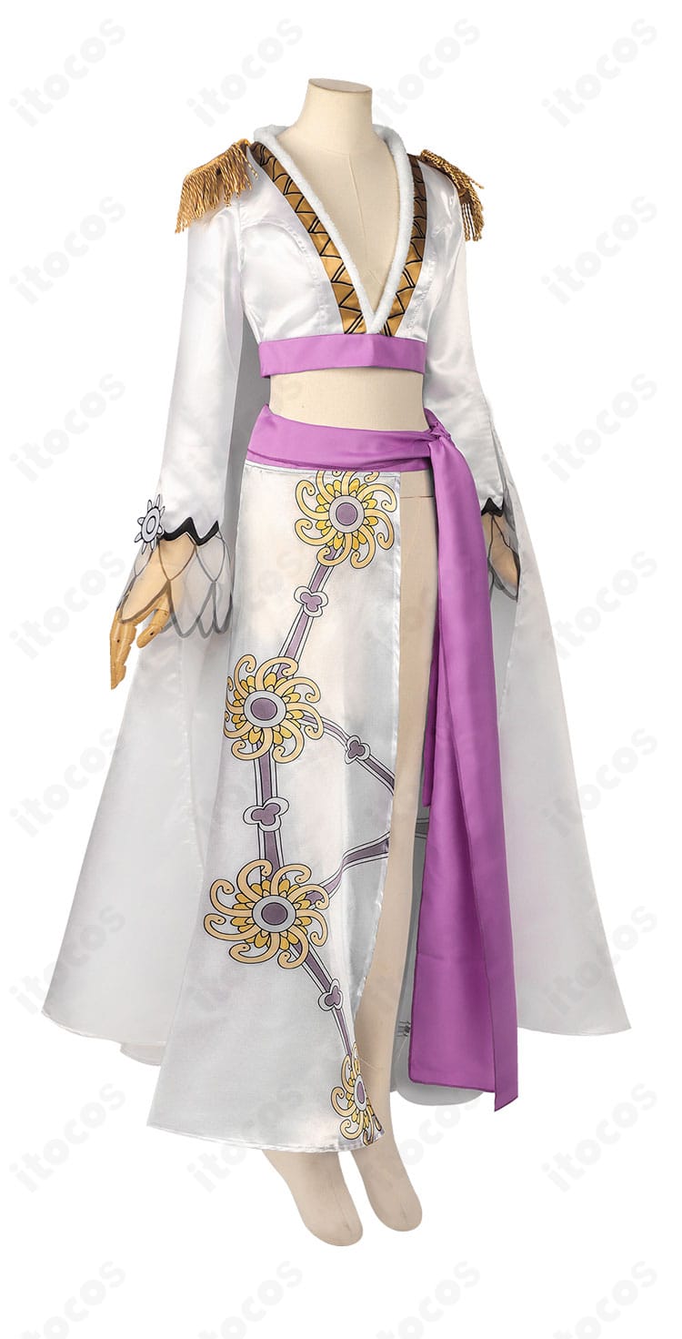 白色ボア・ハンコック コスプレ衣装 側面ビュー｜スリットと装飾を丁寧に再現