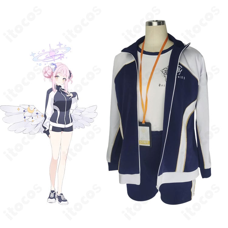 ブルーアーカイブ 聖園ミカの体操服コスプレ衣装を着用した全身イメージ。キャラクターの配色とラインを忠実再現し、イベントや撮影会で映える仕上がり。