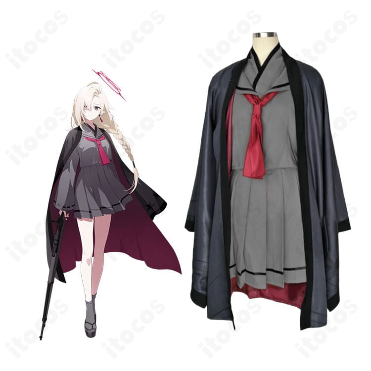 七稜アヤメのコスプレ衣装を着用したモデル写真。ブルーアーカイブの百花繚乱紛争調停委員会制服を高再現で表現