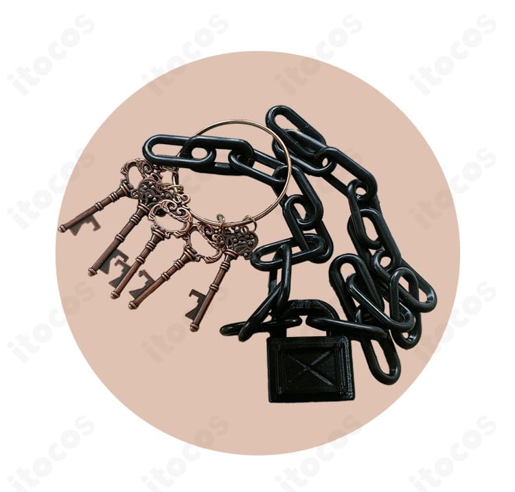 第五人格 エフロン・ワイズ衣装の腰回りアクセ、鎖＆鍵付きパーツのディテール近接。質感と配置を再現。